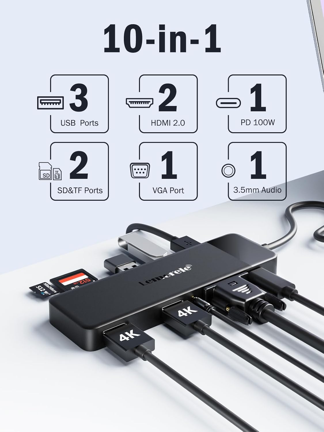 Docking Station USB C Hub 3*Display- 10 in 1, USB C Dock 2*HDMI Adapter 4K, 3 USB 3.0/2.0, VGA, PD 100W, Audio, SD/TF, for HP Laptops, Thinkpad, Macbook, Surface