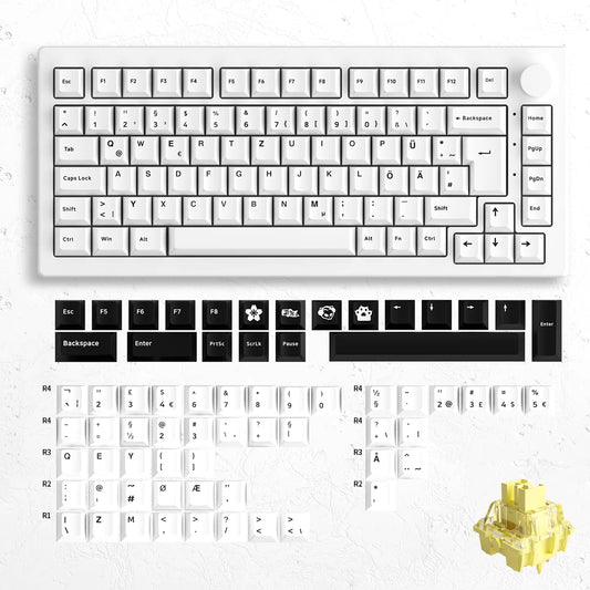 5075B plus 75% Mechanical Gaming Keyboard ISO-UK Black on White Hot Swap Side LED RGB Multi-Modes 2.4Ghz /USB Type-C/Bt 5.0