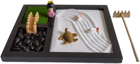 Mini Japanese Zen Garden Three-Compartment Tray with Japanese Style Features for Meditation, Leisure and Gifting (Option A)