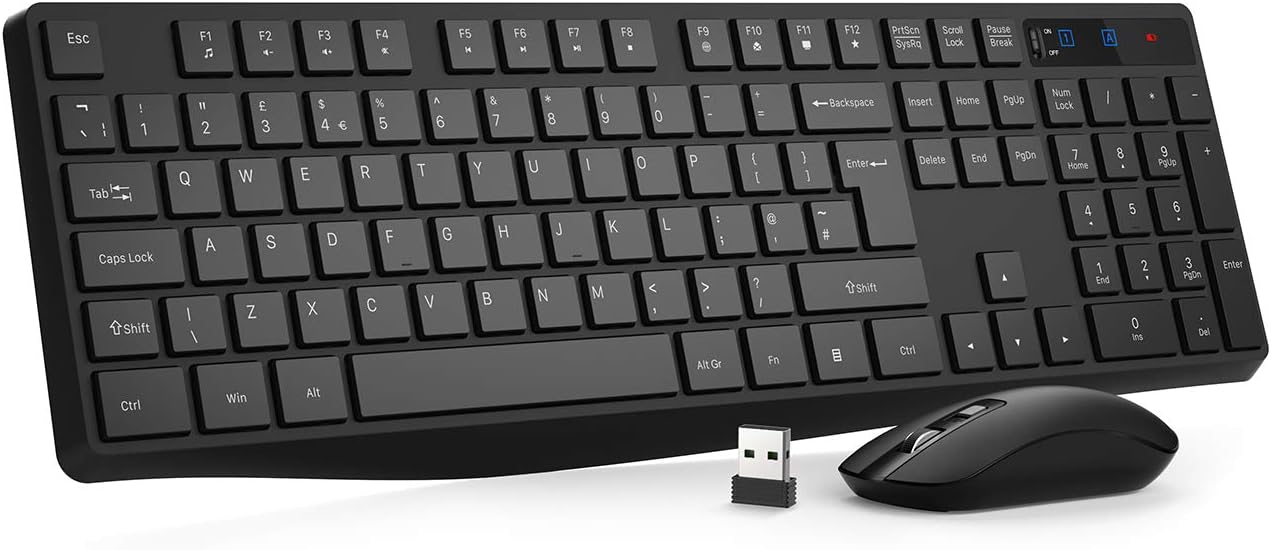 Wireless Keyboard and Mouse Set, Full Size Wireless Keyboard Ergonomic Design & Quiet USB Cordless Mouse Combo UK Layout, 12 Multimedia Shortcuts for Windows Computer PC Laptop Desktop,Black