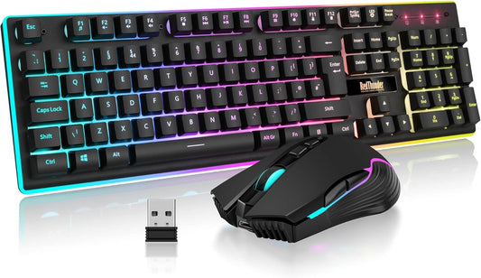 K10 Wireless Gaming Keyboard and Mouse Combo, LED Backlit Rechargeable 3800Mah Battery, UK Layout Mechanical Feel Keyboard + 7D 3200DPI Mice for PC Gamer (Black)